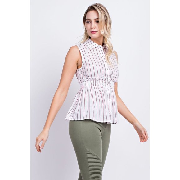 Sleeveless Button Front Collared Casual Striped Peplum Blouse Top - Picture 3 of 10